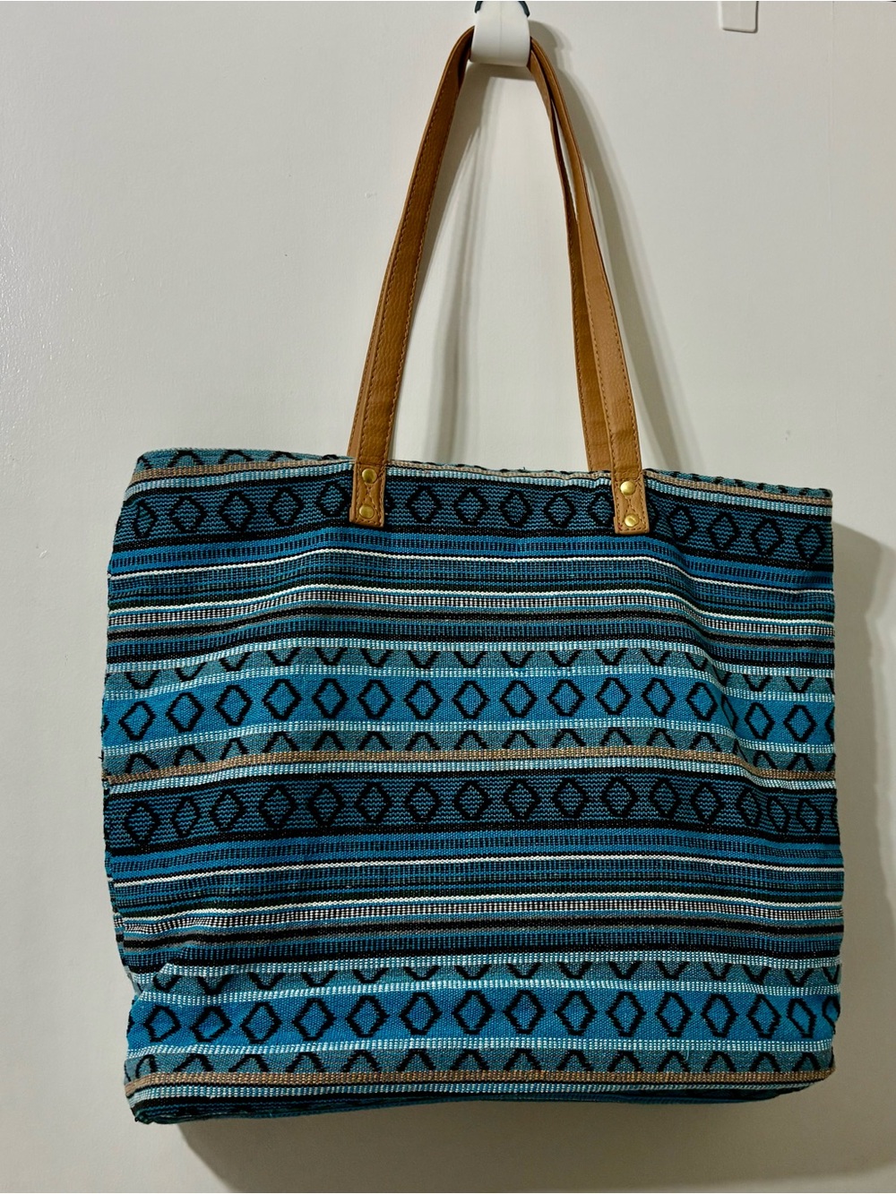 Blue Patterned Tote Bag with Tan Handles